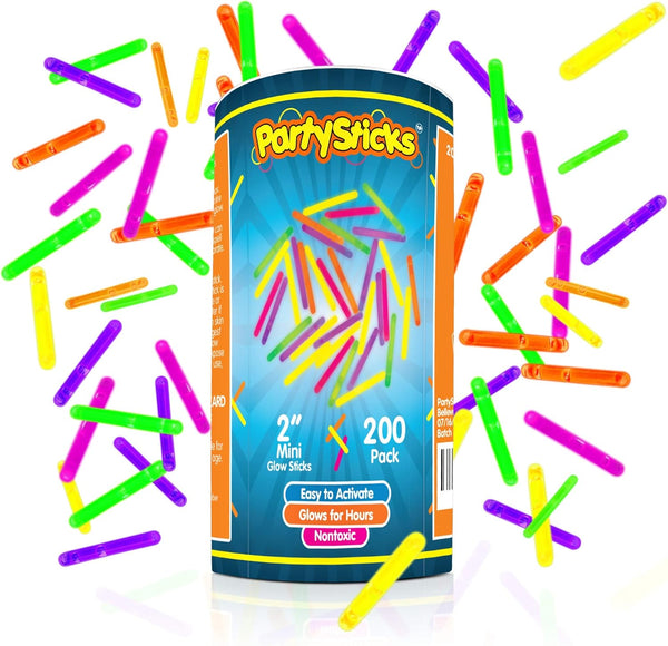 PartySticks Mini Glow Sticks 200 Pack, Glow-in-the-Dark Small Neon Light Sticks for Easter Eggs, Party Favors