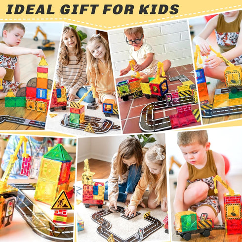 Set 4-6 5-7, 3+ Coodoo Kids Games Magnetic Tiles Road with Extendable Magnetic Crane, City Construction Building Toys