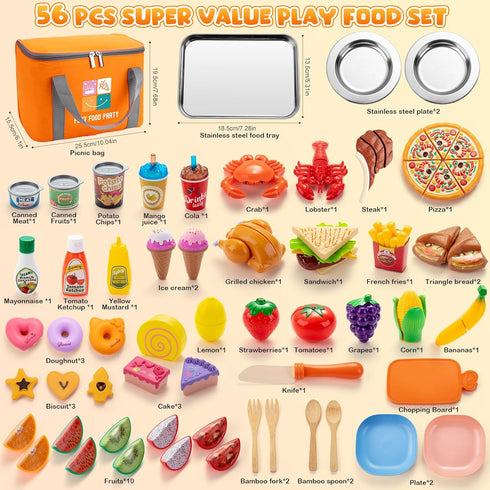 Set Juboury Pretend Play Food for Toddlers, Cutting Toy Food with Storage Bag, Stainless Steel Tray and Plates, Food