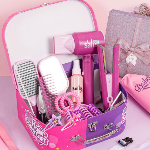 Hair Salon Pretend Play Toys for Girls - Makeup Playset with Hairdryer, Straightener, and Portable Box for Ages 3-6