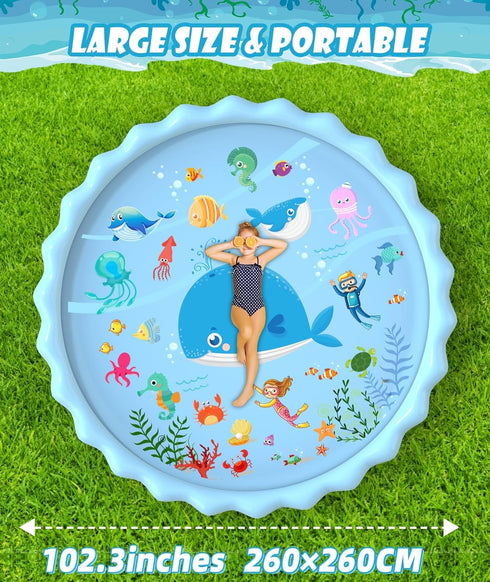 Summer 3-12 (102.3") EPN Splash Pad, Extra Large Sprinkler Play Mat Fun for Kids, Thicker Outdoor Water Toys Toddler
