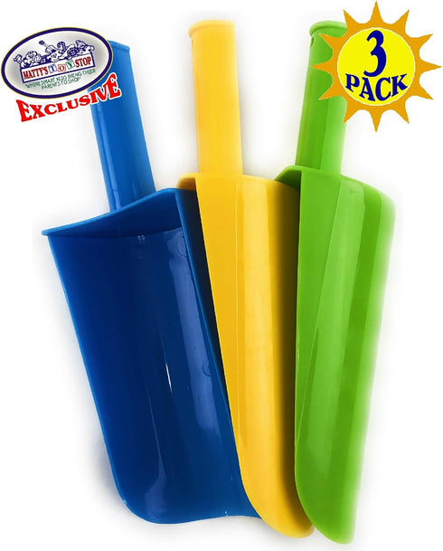 9" Set 3 Pack Matty's Toy Stop Kids Short Handle Sand Scoop Plastic Shovels for Sand & Beach (Yellow, Blue & Green)
