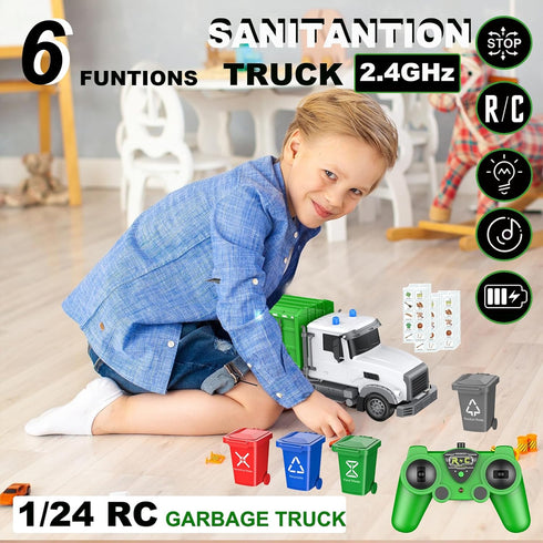 2.4Ghz Remote Control Garbage Truck Toys - 1/24 RC Truck with 4 Trash Cans, 6 Channel Remote Control, Gifts for Boys 3+