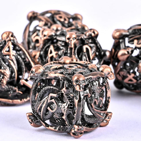 DND Metal Dice Set, UBEUCK 7PCS Skull and Dragon Dice for Dungeons & Dragons, Ancient Red Copper