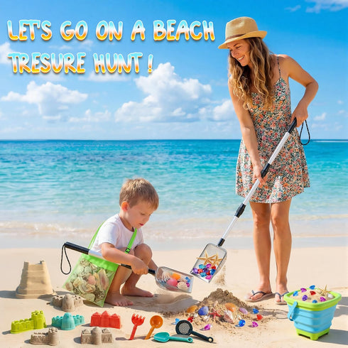 Set 2 3-12 Beach Sand Toys with PCS Adjustable Shark Tooth Sifter, Collapsible Beach Bucket,Sandbox Shovels,Sand Castle
