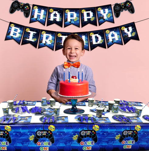Gamer Birthday Decoration Kit - Video Game Party Supplies for Boys, Includes HAPPY BIRTHDAY Banner, Plates, Cups,
