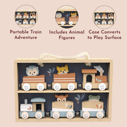 Set Playset 24m+ Set SPEEDY MONKEY Wooden Train Toy for Kids | Animal Train with Storage Display Case for Toddlers |