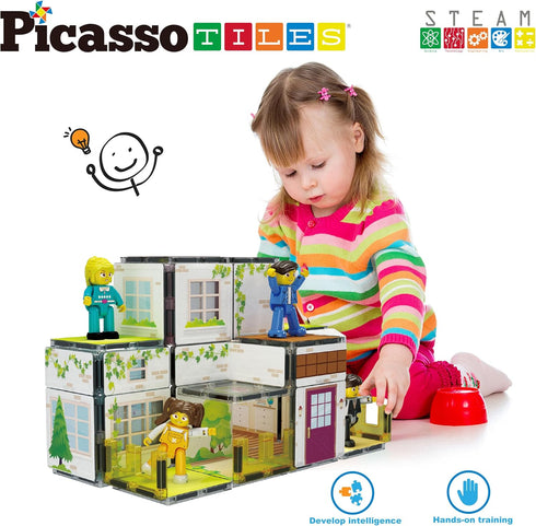 PicassoTiles Magnet Tile Building Block Family Homestead Doll House Playset, 8 Character Action Figures, STEM Kit