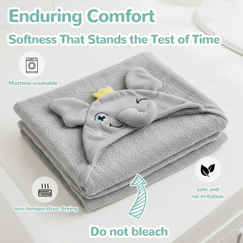 (0-5 HECCEI Toddler Hooded Bath Towel Large Plush Baby Bath Wrap Adorable Grey Elephant Design Ultra Soft Absorbent
