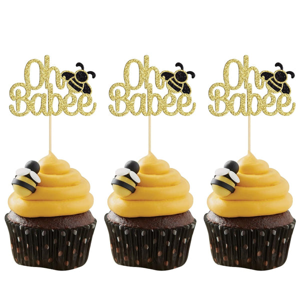 Gyufise 24Pcs Bumble Bee Cupcake Toppers - Gold Glitter Oh Baby Cupcake Picks for Baby Shower Birthday Party