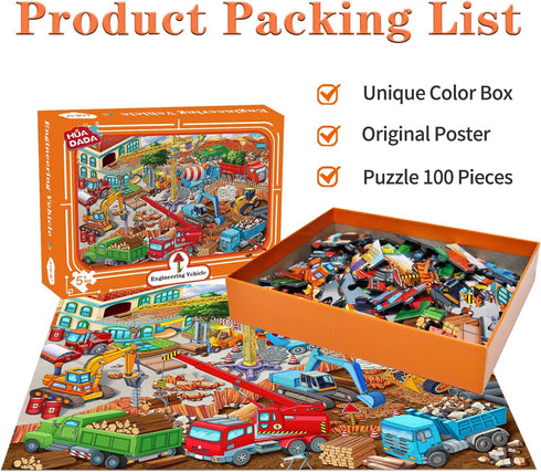 Puzzles for Kids Ages 4-8 6-8 8-10 Year Old - Busy Engineering Vehicle - 100 Pieces Jigsaw Puzzle for Kids 100 Piece Puzzle for Adults Learning Educational Puzzles for Boys Girls