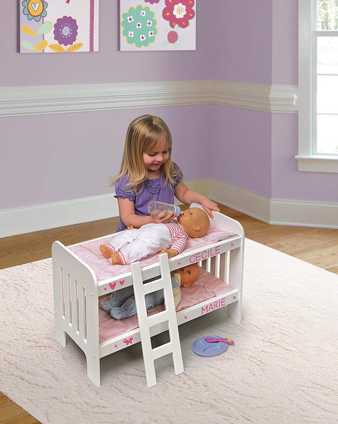 Badger Basket Toy Doll Bunk Bed with Gingham Bedding, Ladder, Personalization Kit for 20 Inch Dolls - White/Pink