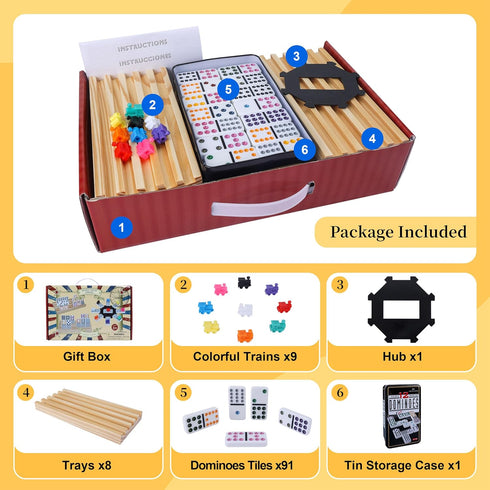 12 Set 8PCS 9 91 Set Double Mexican Train Dominoes for Adults with Wooden Holders, Train Markers, Color Dot Tile