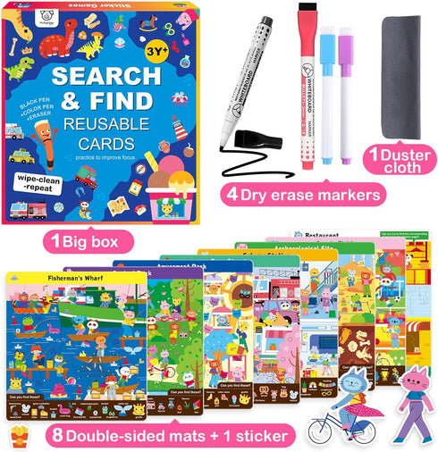 Preschool Learning Activities - Search and Find Books for Kids 3-6, Reusable Game with 16 Themes for Educational Fun