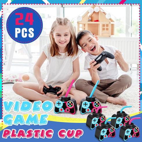 Mifoci 24 Pcs Plastic Video Gaming Party Favor Gift Supplies, 10oz Gamer Birthday Party Drink Cups (Blue,Rose)