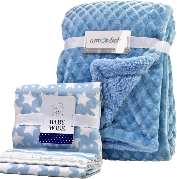 RTE Newborn 5 Piece Plush Baby Blanket and Receiving Blanket Gift Set, Boy