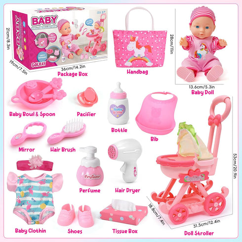Set 12" 17pcs 3 4 5 6 7 Golray Girl Baby Doll Stroller Toy with Baby Doll & Baby Doll Accessories