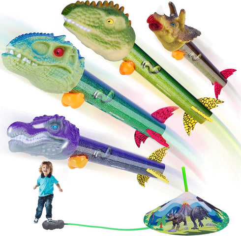 Dinosaur Toy Rocket Launcher for Kids - Launches Up to 100 Ft, 4 Rockets, Outdoor Toys, Birthday Gifts for Ages 3-12