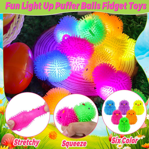 NAWITDA 18 Pack Easter Eggs Fillers with LED Chick Puffer Balls, Easter Eggs Filled with Light Up Fidget Stress Toys