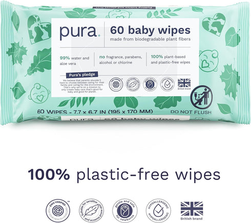 99% 3 60 pack (180 Pura Natural Sensitive Baby Wipes, Water, Unscented & Hypoallergenic, Suitable for Sensitive