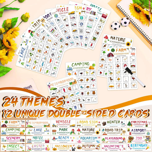 Hoolerry 12 Pcs Scavenger Hunt Game for Kids and Family - 24 Themed Cards with Dry Erase Marker for Outdoor Fun