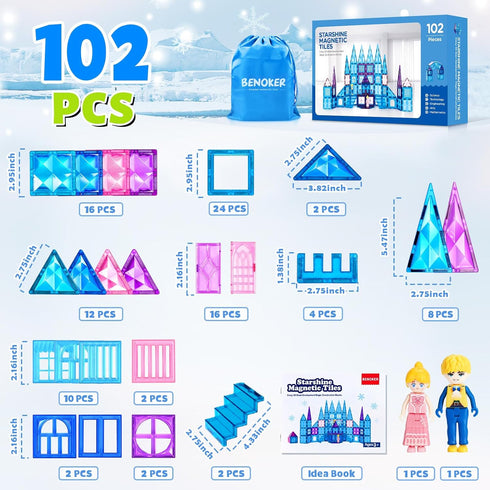 102pcs Frozen Castle Magnetic Tiles - 3D Diamond Building Blocks STEM Educational Toys for Kids Age 3-8 Birthday Gifts