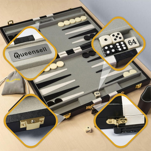 Backgammon Sets 15-Inch Set 2-Player Backgammon Set 32 for Adults Black PU Leather Board Game Classic Travel