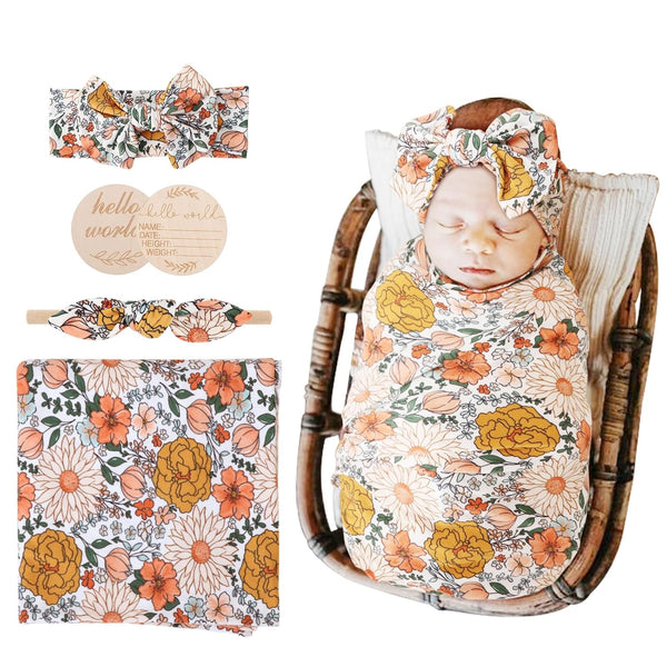 AQOKKA Newborn Receiving Blanket with Bow Hat Headband Wooden Card Set Newborns