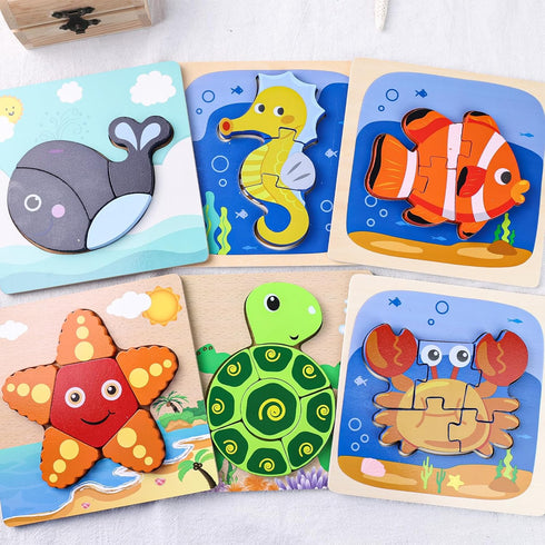 LovesTown 6PCS Wooden Toddler Puzzles - Montessori Sea Animal Jigsaw Puzzles for Kids Educational Gift