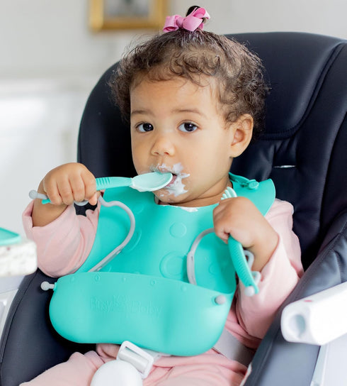 BUSY BABY Silicone Baby Bib for Babies & Toddlers, Pre-Formed Holes for Bungees