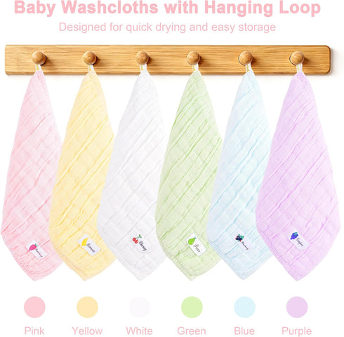 6 Pack 100% 10x10 Inches Muslin Baby Washcloths Cotton Ultra Soft and Absorbent Gentle for Newborn Skin Stretchable