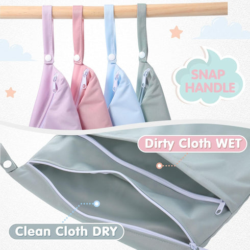 4 Pack 12x14 SATINIOR Wet Dry Bags for Baby Cloth Diapers Washable Travel Swimsuit Wet Bags Reusable with Two Zippered