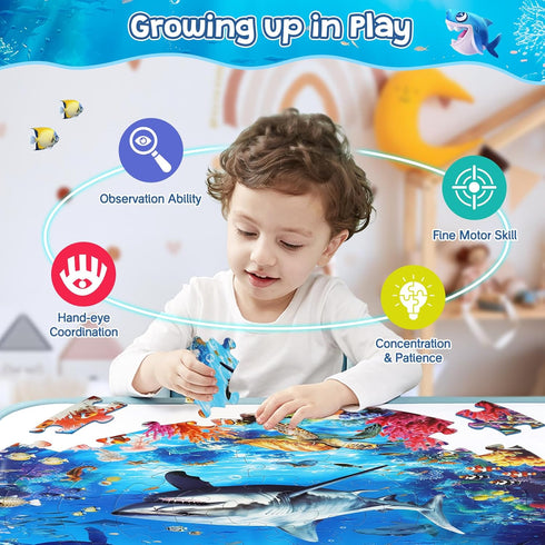 Underwater World Floor Puzzle for Kids Ages 4-8, 70 Pcs Large Round Jigsaw, Educational Toys with Gift Box