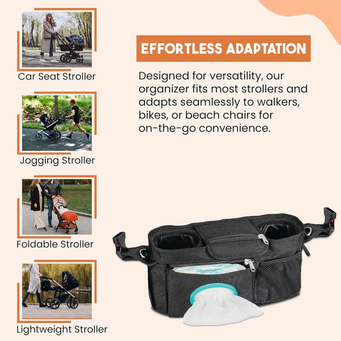 Universal Stroller Organizer with Cup Holder - Baby Caddy Organizer | Stroller Caddy Organizer w/ Anti-Slip Straps