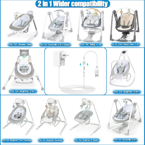 Replacement Baby Swing Power Cord USB, 6.6ft Charger Cable Compatible with Ingenuity Swing for Various Models