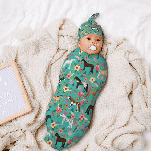 Horse Baby Stuff Gift for Girls, Newborn Swaddle Blanket Beanie Set, Soft Stretchy Horse Baby Blanket for Baby Shower