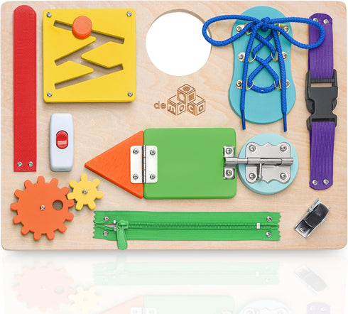 deMoca Busy Board for Toddlers, Montessori Wooden Activity Sensory Board, 10 Activities for Learning Fine Motor Skills