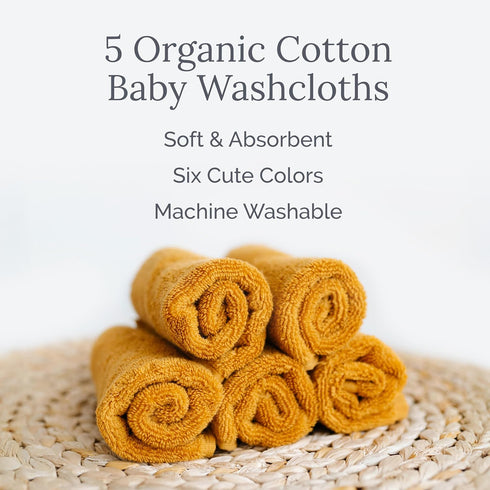 (5 Pack, 12 12) 100% Natemia Organic Baby Washcloths x Organic Cotton Ultra-Soft Baby Towels for Sensitive Skin