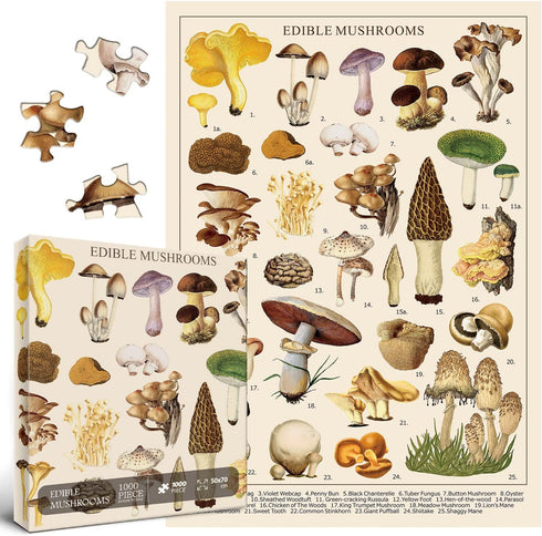 Vintage Mushroom Puzzle 1000 Pieces for Adult, Vintage Fungi Jigsaw Puzzle of Edible Mushrooms