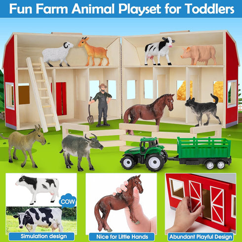 3+ Playset YEEBAY Farm Animals Toys for Year Old Kids Toddlers Girls Boys, Large Wooden Barn with Animal Play Figures