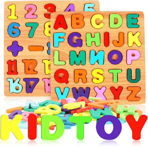 Rindion 2 Pack 3-5, Set Wooden Puzzles, Toddlers Alphabet Number Puzzles, ABC Learning Toys for Kids Ages Preschool
