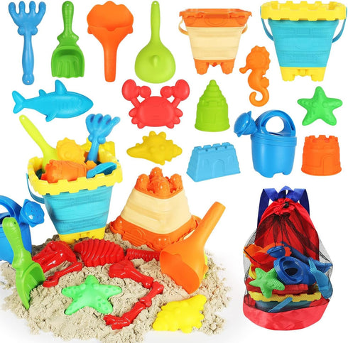 Elovien Beach Sand Toys Set, 24PCS Sandbox Toys with Mesh Backpack Bag