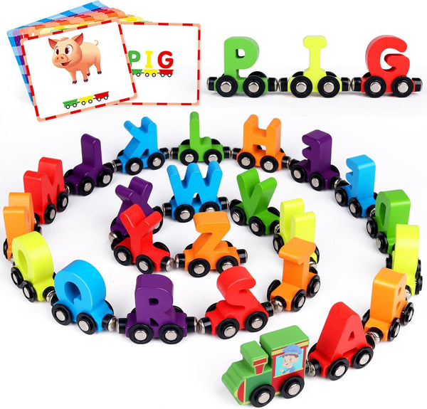 Helsort 27 PCS Magnetic Wooden Alphabet Train Set, ABC Learning Toy with 42
