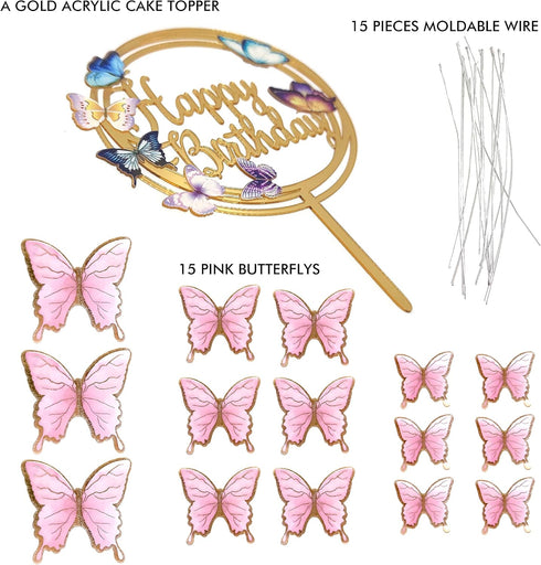 Butterfly Cake Toppers Decorations, 1 Big Happy Birthday Topper & 15Pcs 3D Pink Gold Cupcake Toppers