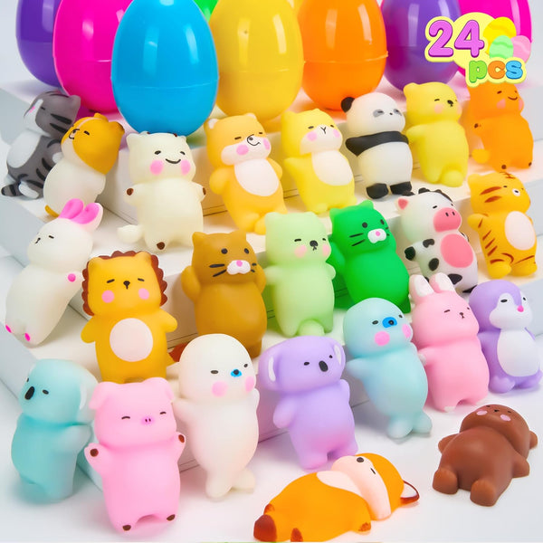JOYIN 24 Pcs Easter Prefilled Eggs with Mochi Squishy Toys, Lovely Animal