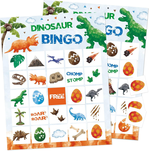 WERNNSAI Watercolor Dinosaur Bingo Party Games - 24 Players Dino Birthday Bingo Cards for Kids