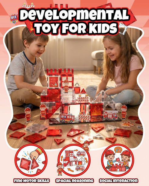 LADFAR 3+, Magnetic Tiles for Kids Ages Fire Rescue Magnetic Tiles Building Blocks with Rescue Scene Pieces