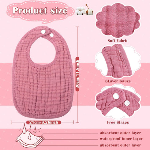 Frienda 8 Pcs Muslin Bibs Baby Cotton Bandana Drool Bibs Bulk for Boys Girls Newborn Infant 6 Absorbent Layers Bibs Feeding Accessory(Pink Purple Colors)