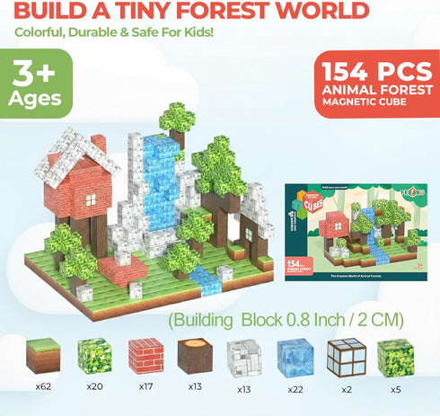 FEBABU 154PCS Set, 3-8, 3+ Magnetic Blocks - Build Animal Forest Magnetic Tiles Building for Boys & Girls Age STEM