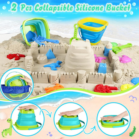 36Pcs 2 Ages3-12 Beach Toys, Dinosaur Sand Toys for Kids Toddlers, Sandbox Toys with Truck, Collapsible Beach Bucket